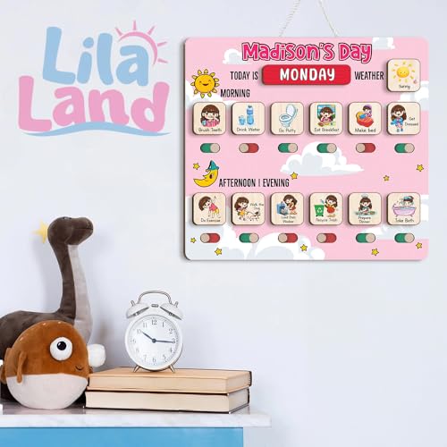 Image of Personalized Wooden Chore Chart for Kids, Daily Routine Chart for Toddlers, Visual Schedule for Kids Age 3-5, Morning Bedtime Routine for Girls (03)