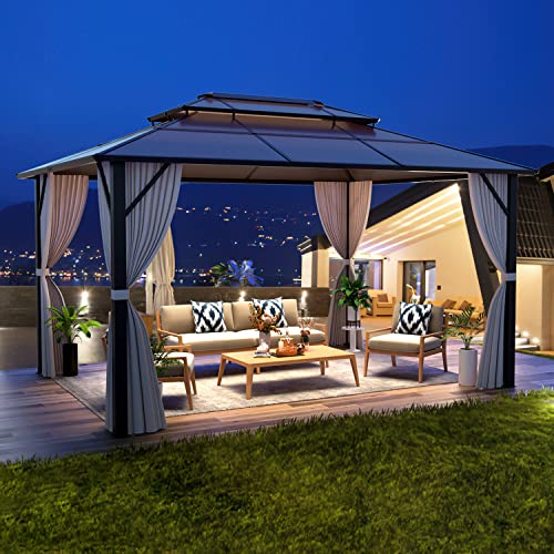 EROMMY 4 X 3 m Pavillon Doppeldach Alu Wasserdicht mit Vorhang-Seitenteile und Netz, Wetterfest Gartenpavillon Stabil Aluminiumrahmen Polycarbonat Partyzelt Hardtop für Garten, Terrasse