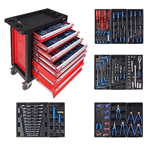 DEMA Werkstattwagen Carlos – Gefüllter Werkzeugwagen mit 260-tlg. Handwerkzeug, robuster Schubladenwagen für Profis & Heimwerker