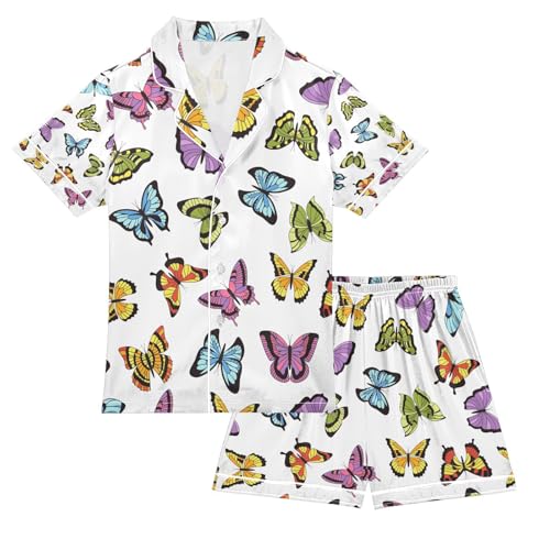 senya Floral Butterflies and Flowers Satin Summer Pajama Sets Silk Short Sleeve Button Down Sleepwear