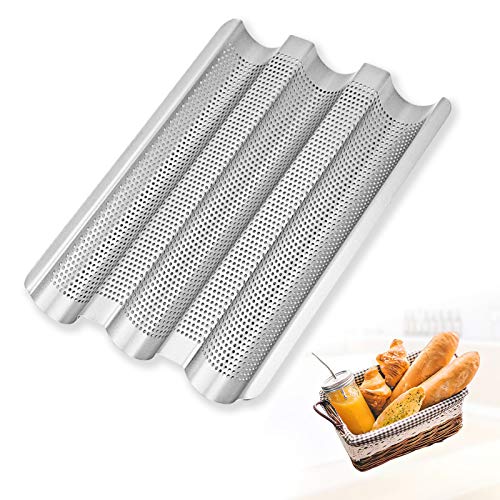 JASOUP Professional French Bread Pan Stainless Steel Perforated Baguette Pans for Baking Nonstick 3 Wave Loaves Loaf Bake Mold for Bread Making Oven Toast CookingSilver sliver