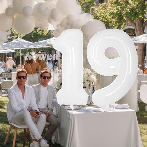 Image of SUWEN 40 Inch White Large 19 Number Balloons Big Foil Helium Number Balloons 0-9 Giant Jumbo Happy 19th Birthday Party Decorations for Men or Women Huge Mylar 91 Anniversary Party Supplies