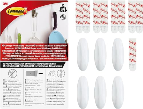 Command Medium Designer Hooks, White - Pack of 6 Hooks and 9 Adhesive Strips - Damage Free Hanging - Holds up to 1.3kg - 17
