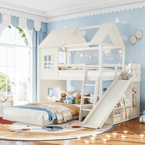 Image of Bellemave Twin Over Full House Bunk Bed with Slide and Storage Shelves for Kids,Solid Wood Floor Bunk Bed Frame with Wardrobe and Inclined Ladder for Girls Boys,Beige