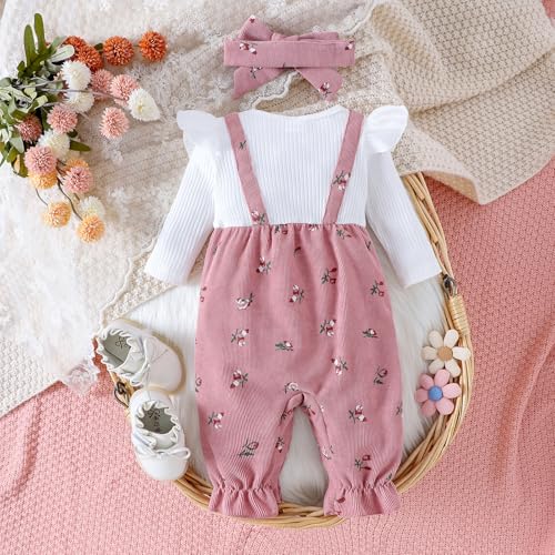 Newborn Baby Girl Clothes Corduroy Floral Jumpsuit Bows Ruffle Romper +Headband Fall Winter Outfits3