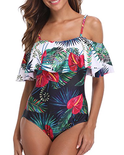 Tempt Me Women Ruffled One Piece Off Shoulder Vintage Bathing Suits Tropical XL