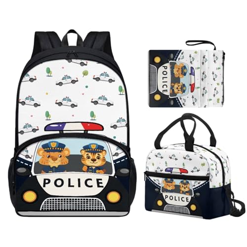 Yuresuaet Conjunto de 3 mochilas escolares com lancheiras para meninos de 8 a 12 anos, estampa de carro de polícia para escola e viagem, capa de livro legal para estudantes da 4ª série, resistente ao