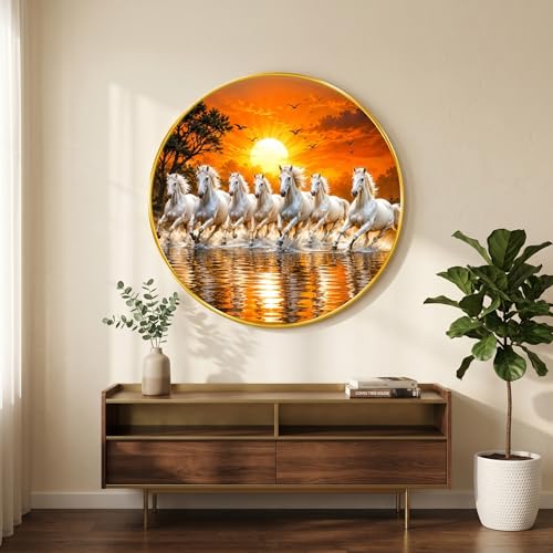 Image of SAF 7 Horse Vastu Round Wall Painting with Premium PVC Golden Frame, White Running Horses Sunset Water Art for Living Room Office Home Decor Gift (23 x 23 Inch) GR-449