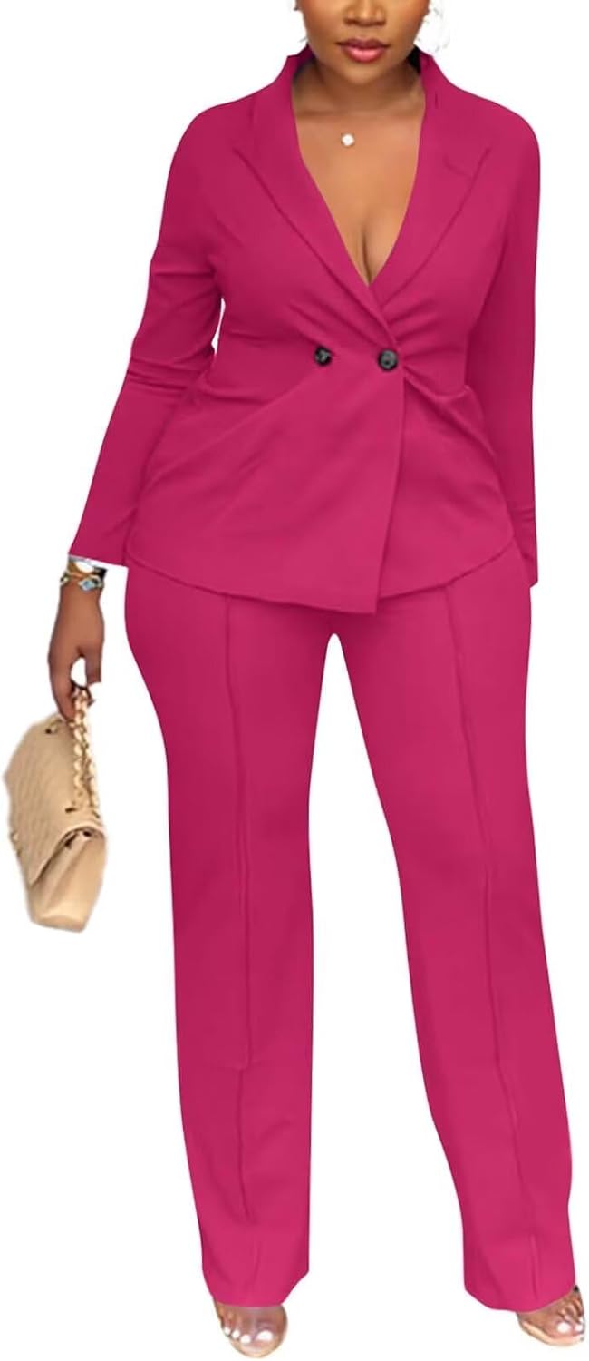 Kafiloe Women Double Breasted Blazer Pants Suit 2 Piece Outfits Casual Long Sleeve Blazer Set for Work Business - Image 3