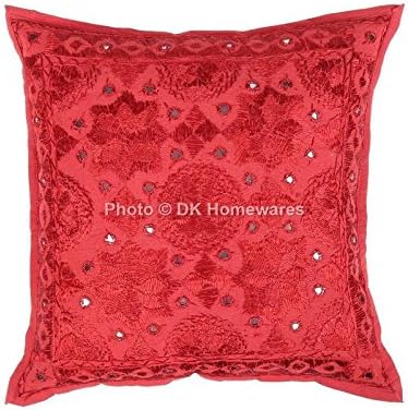 Bohemian Decorative Couch Throw Pillowcases 16 x 16 Inch Cotton Mirrored Embroidered Indian Square Toss Cushion Covers (Size - 40x40 cm ; Color: Brick Red) - Set of 5 Pcs (Cover Only)