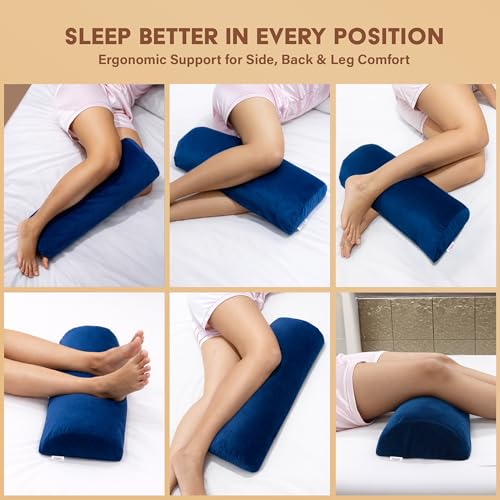 Image of Orthopaedic Leg Support Memory Foam Half Moon Bolster (Blue) - 2 Year Warranty Knee Pain Relief for Side Sleepers Back Alignment Roll for Sleeping & Office Sitting Washable Velvet Cover