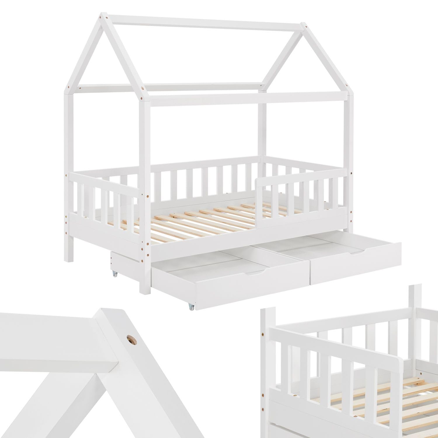 Juskys Cama Infantil Marli 80 x 160 cm con canapé de 2 Piezas, protección anticaída, somier y Techo - Cama de Madera Maciza para niños - Cama en Blanco