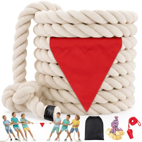 HOKINETY Tug of War Rope for Kids & Adults - 20ft Soft Cotton Outdoor Pulling Rope with Flag for Team Building Activities Field Day Family Reunions Birthday Parties Camping Games- Beige
