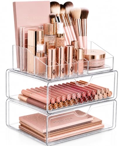 Masirs Clear Acrylic Makeup Organizer with Drawers – Cosmetic Vanity Storage for Skincare, Hair Accessories, Jewelry, Perfume – Durable Countertop Bathroom Organizer