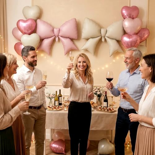 Image of 12 Pcs 18 Inch Heart Balloons and 38 Inch Bow Balloons, Large Foil Bow Heart Balloon Bow Party Decorations for Birthday Baby Shower Valentines Wedding Party