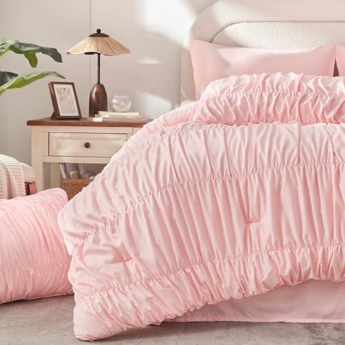 Image of Andency Ruched Queen Comforter Set Pink, 7 Pieces Ruffle Bed in a Bag, Shabby Chic Pleat Bedding Set with Comforter, Sheets, Pillowcase & Sham, Lightweight, Soft, All Season