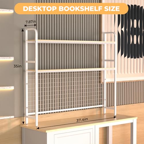 FAHKNS 2-Tier Desktop Bookshelf - Metal Desktop Bookshelf Organizer，Desk Book Organizer with 3 Hooks & DIY Storage Mesh，Suitable for Office/Game Room/Study/Powder Room（White） by FAHKNS - Used condition - Image 2