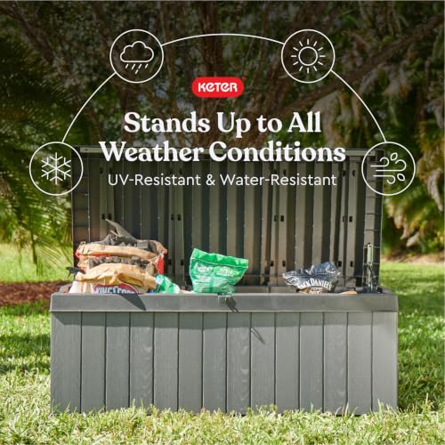 Image of Keter Darwin 100 Gallon Resin Large Deck Box - Organization and Storage for Patio Furniture, Outdoor Cushions, Garden Tools and Pool Toys, Grey & Black