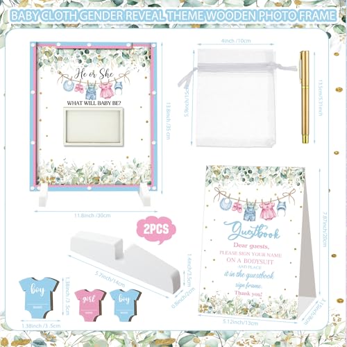 Image of Beeveer 65 Pcs Gender Reveal Baby Shower Guest Book Alternatives Greenery He or She Gender Reveal Decorations Sign in Guest Book with Picture Frame and 60 Wooden Chip for Boy or Girl Party Keepsake