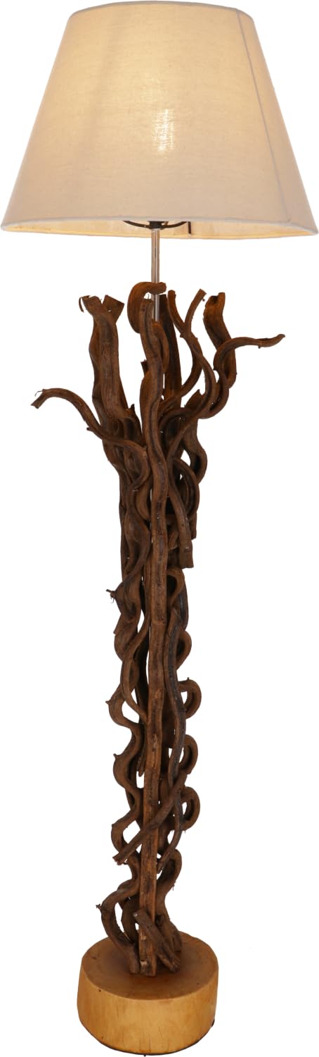Guru-Shop Lámpara de Pie/lámpara de Pie, Hecha a Mano en Bali de Material Natural, Madera, Algodón - Modelo Jade 100, Maderaaladeriva, 100x32x32 cm, Lámparas de pie de Materiales Naturales