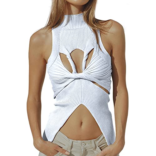 Image of Women Strapless Crop Top Sexy Hollow Out Twist Front Knitted Tank Tops Sleeveless Y2K High Neck Cut Out Sweater Vest