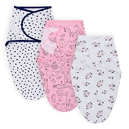 Image of LAT Swaddle Blanket Baby Girl Boy Easy Adjustable 3 Pack Infant Sleep Sack Wrap Newborn Babies 100% Cotton Sleep Bag (Flowers + Animals)