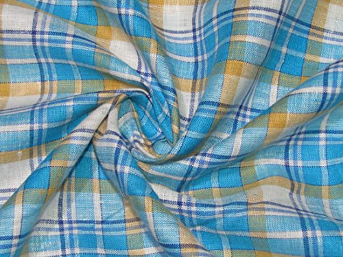 Tissu lin au mètre carreaux bleus beiges largeur 147cm pour rideaux et vêtements