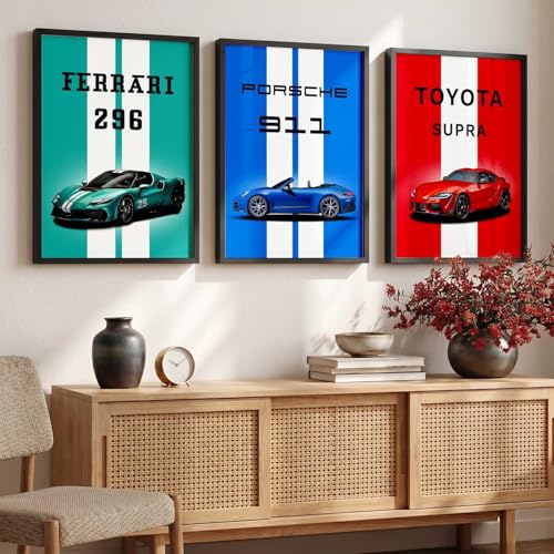Image of HOTHOUSE Big Ferrari 296, Porsche 911, Toyota Cars Framed Posters Gift Items for Boys Room Wall Decoration Bedroom Living Room Office Studio Decor | Set Of 3 Size (19 X 25 inch)