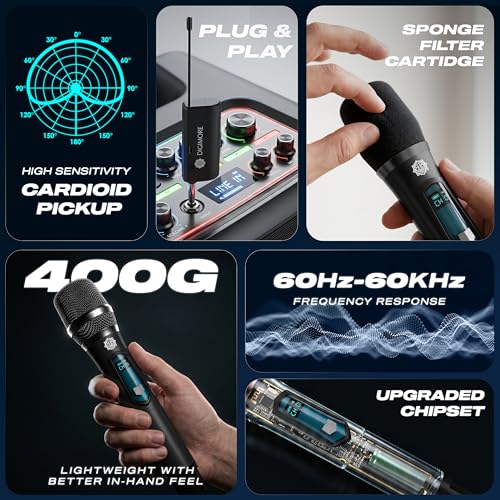 Image of DIGIMORE Rechargeable Wireless Microphone| 6Hrs Battery | 200ft Range | Type-C Charging | LED Digital Display | 2400MHz Cordless Mic for House Parties, Outdoor Party, Singing, Classroom (D-340 Black)