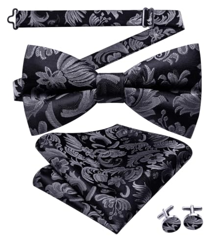 Image of Mens Paisley Striped Bowtie Set Pre-tied Bowtie for Men and Pocket Square Set Wedding Business