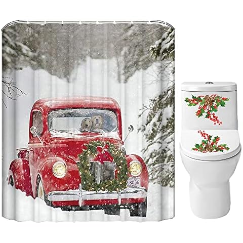 Christmas Shower Curtain Set for Bathroom- Xmas Red Truck Dog Couple Wreath Tree Snowflake Snowfield, Winter Holiday Polyester Fabric Decoration with Hooks and Toilet Cover Sticker 183*183cm Cover