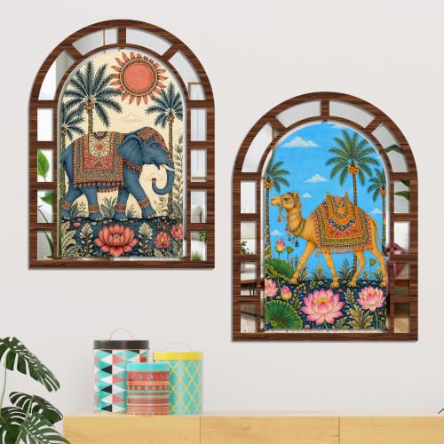 Image of Artvibes Elephant & Camel Home Wall Decor | Jharokha Mirror Wall Hanging for Living Room, Hall, Bedroom, Lobby, Dining Area & Entrance | Gift (WHJ 12054N), Set of 2