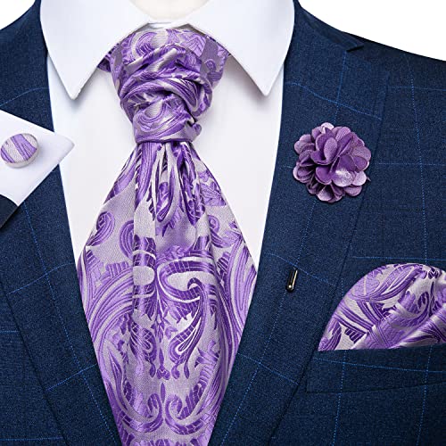 Image of DiBanGu Mens Silk Ascot Ties Paisley Jacquard Woven Cravat and Pocket Square Cufflinks with Lapel Pin for Business Wedding