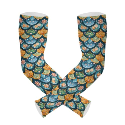 ALAZA Fantasy Mermaid Scale Flower Floral Gardening Sleeves Cooling Arm Sleeves Sun Protection Thumb Hole Arm Covers for Women Men