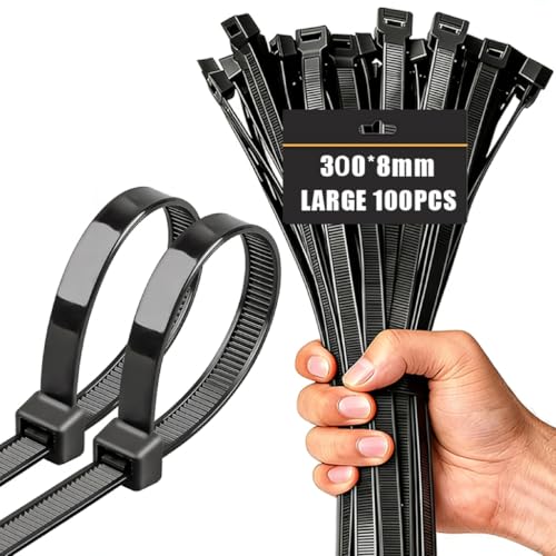 Caiery 100 Stück Große lange Kabelbinder 300 mm x 8 mm UV-Beständig ultra starke Kabelbinder mit 80 kg Zugfestigkeit Schwarz