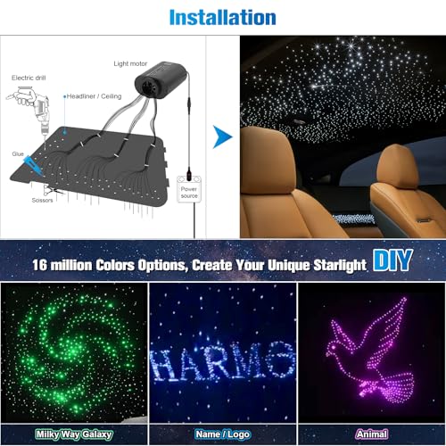 Image of CHINLY Twinkle Starlight Headliner Kit 548pcs 9.8ft 0.03in Starlights RGBW Fiber Optic Lights, APP+Remote Control Star Headliner Kit, Car Star Lights for Car Roof
