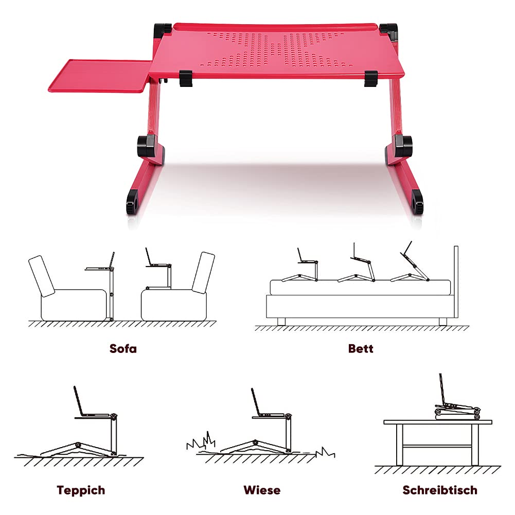Stojak na laptopa, regulowany, składany, aluminiowy stolik z podpórką pod mysz i otworem wentylacyjnym, na sofę i łóżko, przenośna i ergonomiczna konstrukcja