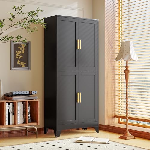 Image of PAOFIN Black Metal Storage Cabinet with 4 Doors and 4 Adjustable Shelves, Adjustable Leveling Foot for Kitchen, Living Room and Dining Room. 75 inch H