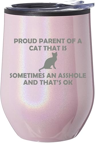 Miniatura 7 de Vaso de vino sin tallo, taza de viaje de café con tapa, regalo orgulloso para padres y gatos divertidos (purpurina púrpura)