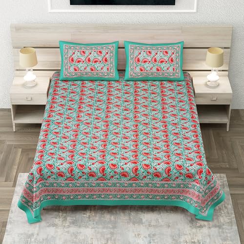 Image of ElanorHomes 240 TC Cotton Double King Size Bedsheet | Ultra-Soft & Skin-Safe | Breathable Summer Comfort | 93x108 inches with 2 Pillow Covers (Turquoise Pink Lotus)