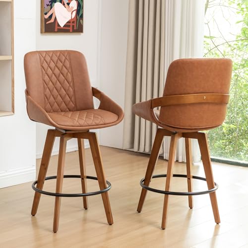 Image of Bar Stools Set of 2, 29.5 Inch Mid Century Modern Retro Swivel Bar Chairs, Furniture with Curved Back, Faux Leather Upholstered and Walnut Wood Frame for Bar /Pub /Island (Brown, 29.5 inch-2 PCS)