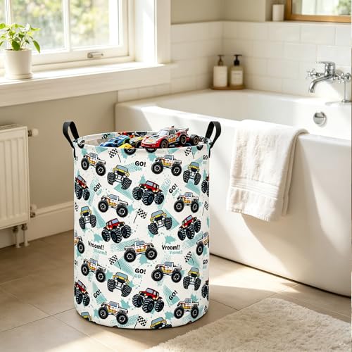 Image of Monster Truck Fabric Storage Bin Nursery Organizer Basket | Organizer Bin Dirty Clothes Collapsible Waterproof for College Dorms, Boys and Girls Bedroom,Bathroom