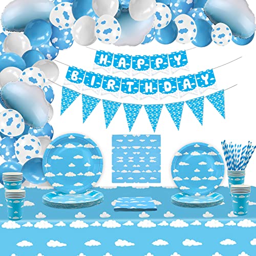 Décorations de fête d'anniversaire sur le thème des nuages bleus et blancs - Fournitures de fête d'anniversaire pour enfants, anniversaires, fêtes prénatales, assiettes, serviettes, nappes, drapeaux Cover