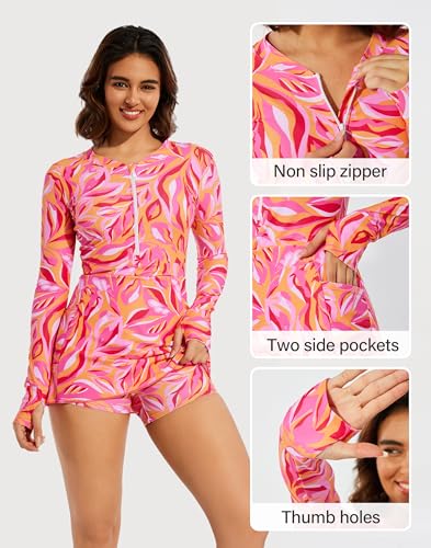 Long Sleeve Swimsuits for Women Rash Guard Swim Dress Modest Bathing Suit Swim Romper with Built in Bra and Pockets3