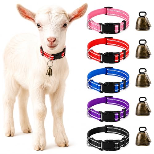 Image of 5 Pack Reflective Goat Collars with Bells, Adjustable Nylon Collar Set and Horse Sheep Grazing Copper Bells Pet Anti-Lost Loud Bronze Bell for Small Farm Animal Goat Sheep Cow Accessories
