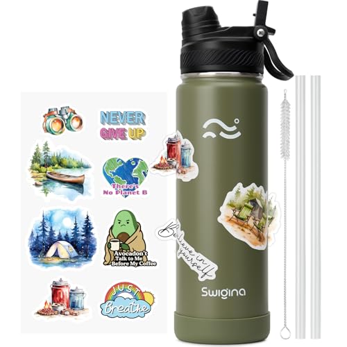 Image of Swigina [2-IN-1 LID] Insulated Water Bottle with Silicone Boot (36hrs Cold /18hrs Hot) - DIY Stickers, Leakproof, BPA Free, 24 oz