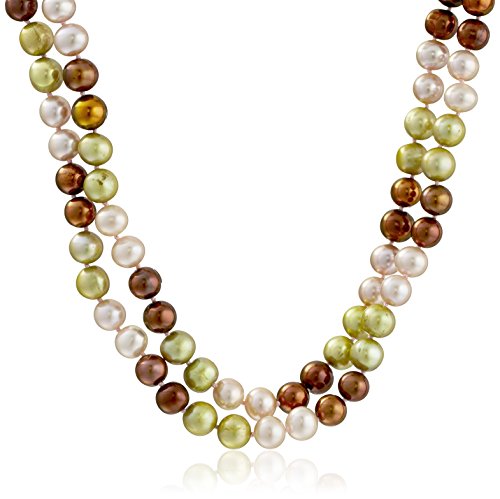 Amazon Collection Sterling Silver Two Rows 8-9Mm Multi-Color Genuine High Luster Cultured Freshwater Pearl Strand, 17" #TOP30