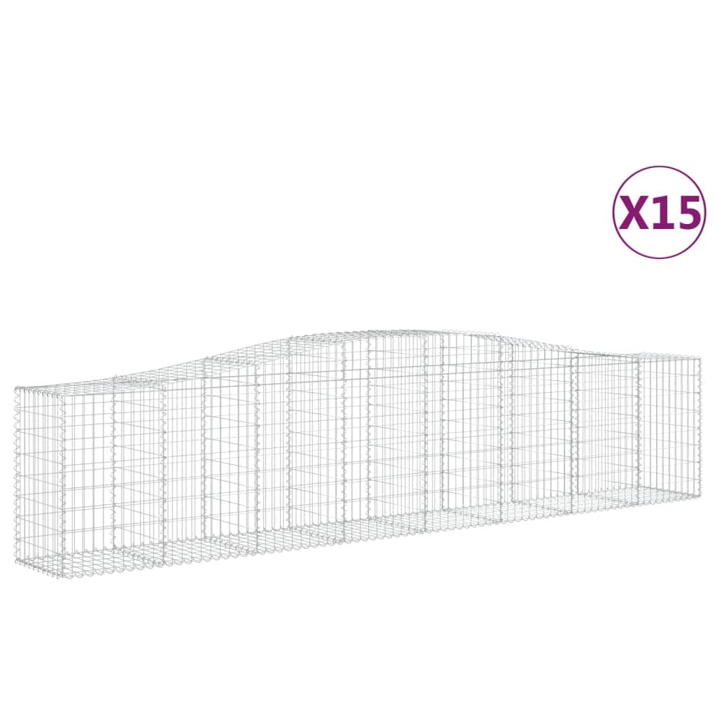 Kosze gabionowe 15 sztuk 400 x 50 x 80/100 cm ocynkowane żelazo do ogrodu, dźwiękochłonna bariera dekoracyjna ze wzmocnionymi haczykami i oczkami 5 x 10 cm