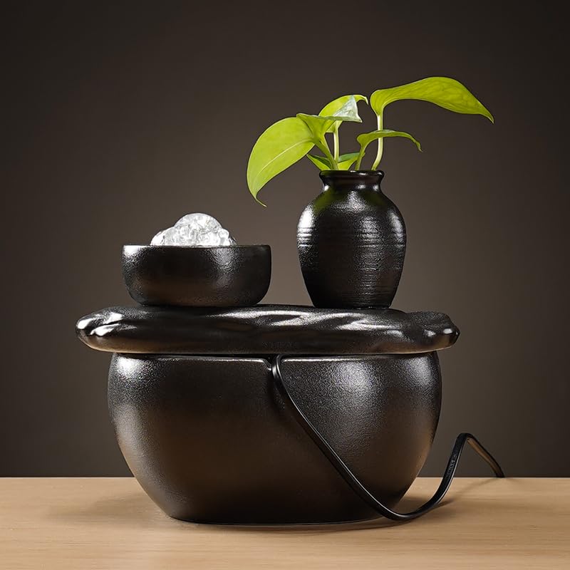 Fontaine à eau en céramique avec humidificateur, décorations d'aquarium pour la maison, le bureau, le salon, la décoration de bureau, petite fontaines cascade pour intérieur (sans humidificateur, noir