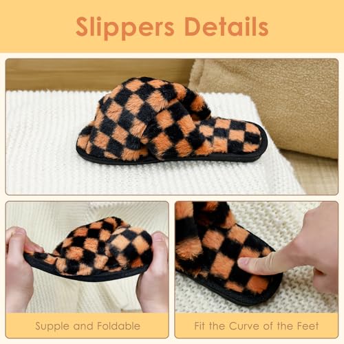 Women's Fuzzy Checkered Slippers, Fluffy Cross Band Open Toe Non-Slip Rubber Sole House Bedroom Shoes2